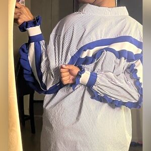 Striped Blue and White Ruffle Sleeve Top